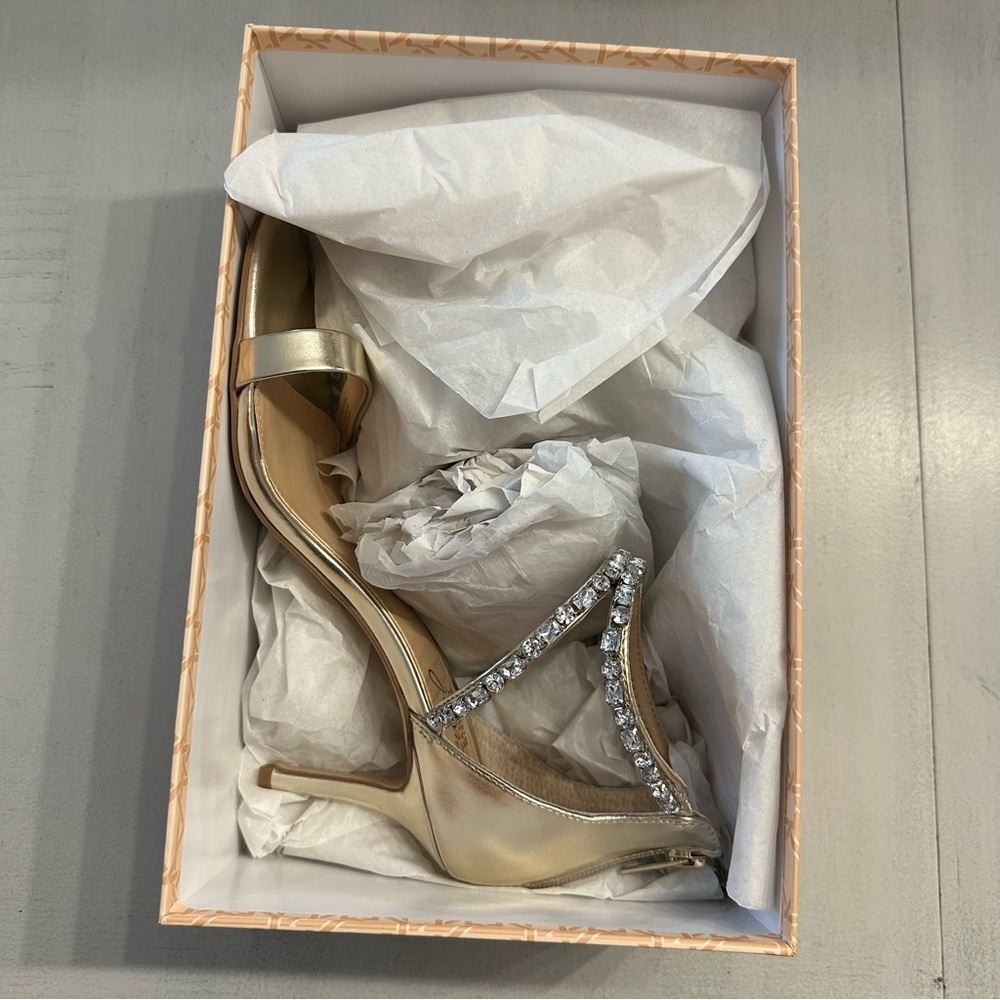 Jewel Badgley Mischka Celine Womens Gold Metal Open Toe Strappy Heels Sz 9.5 NIB - Picture 5 of 15